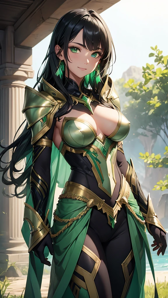 NSFW armor with a greenish-silver glow and gold accents reminiscent of nature, black hair, in gentle waves over your shoulders. Your carved face, with delicate features and a defined jawline and expressive green eyes, smiling and happy