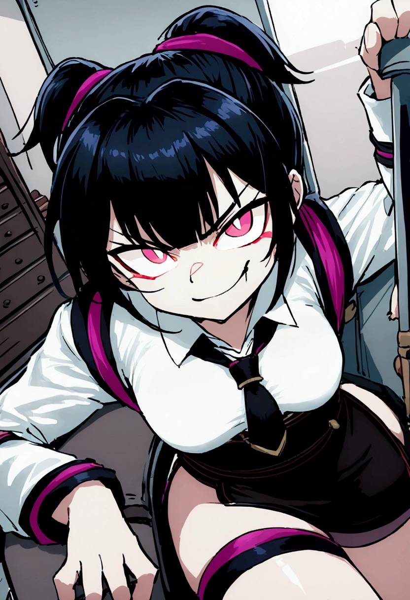 The same girl sitting on a motorcycle smoking and looking around with a calm and slightly serious expression
