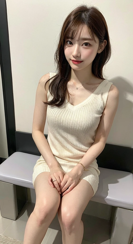 1 Female actress, Solo, (16K, masutepiece, Raw photo, Best Quality,Realistic, Photorealsitic, Detailed skin:1.2),Extremely beautiful face, Seductive smile, Looking at Viewer, happy smaile, model posing, (Photorealsitic:1.4)、octane renderings、Complex 3D rendering ultra detail, Studio Soft Light, Rim Lights, vibrant detail, super detailing, realistic skin textures, Detail Face, Beautiful detail eyes, Very detailed CG Unity 16k wallpaper, make - up,BREAK (Full body portrait:1.5), ((fromsaide)) BREAK White Slacks, sleeveless rib-knit, Tuck in one's shirt, BREAK at park, ((sit down))