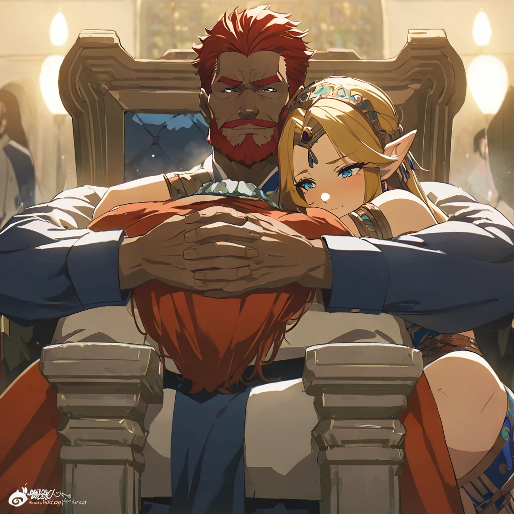 ((Highest quality)), ((masterpiece)), (detailed), （Perfect Face）、The woman is Queen Zelda of the Gerudo tribe, blonde with blue eyes.、The man is a dignified, middle-aged man with a beard, strong red hair and dark skin, King Ganondorf, the king of the Gerudo tribe, and is wearing the traditional Gerudo costume.、A man and woman are embracing and kissing on the luxurious throne of the Gerudo royal family.、A queen and a king in love、The woman is wearing the traditional Gerudo costume.