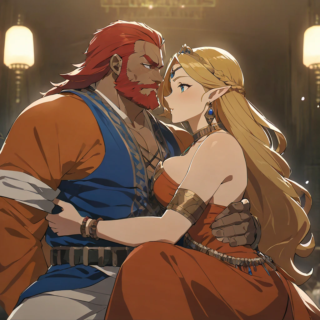 ((Highest quality)), ((masterpiece)), (detailed), (Perfect Face)、The woman is Queen Zelda of the Gerudo tribe, blonde with blue eyes.、The man is a dignified, middle-aged man with a beard, strong red hair and dark skin, King Ganondorf, the king of the Gerudo tribe, and is wearing the traditional Gerudo costume.、A man and woman are embracing and kissing on the luxurious throne of the Gerudo royal family.、A queen and a king in love、The woman is wearing the traditional Gerudo costume.