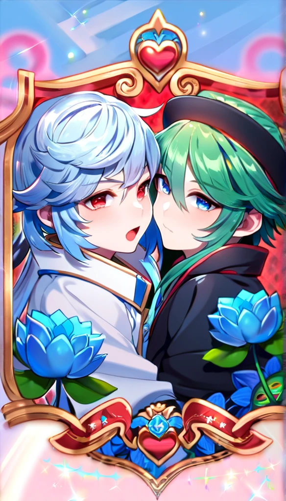 absurdities, high resolution, ultra detailed, HDR, Masterpiece, Best Quality, aoba seragaki, blue fur, expressive blue eyes, granblue Fancy, when, green fur, Expressive red eyes, two men together, homosexual couple, yaoi, elegant, White tunica, black coat, patterns, magical, Fancy, blue background, blue lotus, bright, blue petals, mariposas azules brights