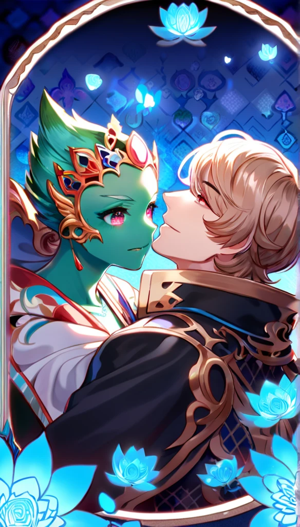 absurdities, high resolution, ultra detailed, HDR, Masterpiece, Best Quality, aoba seragaki, blue fur, expressive blue eyes, granblue Fancy, when, green fur, Expressive red eyes, two men together, homosexual couple, yaoi, elegant, White tunica, black coat, patterns, magical, Fancy, blue background, blue lotus, bright, blue petals, mariposas azules brights