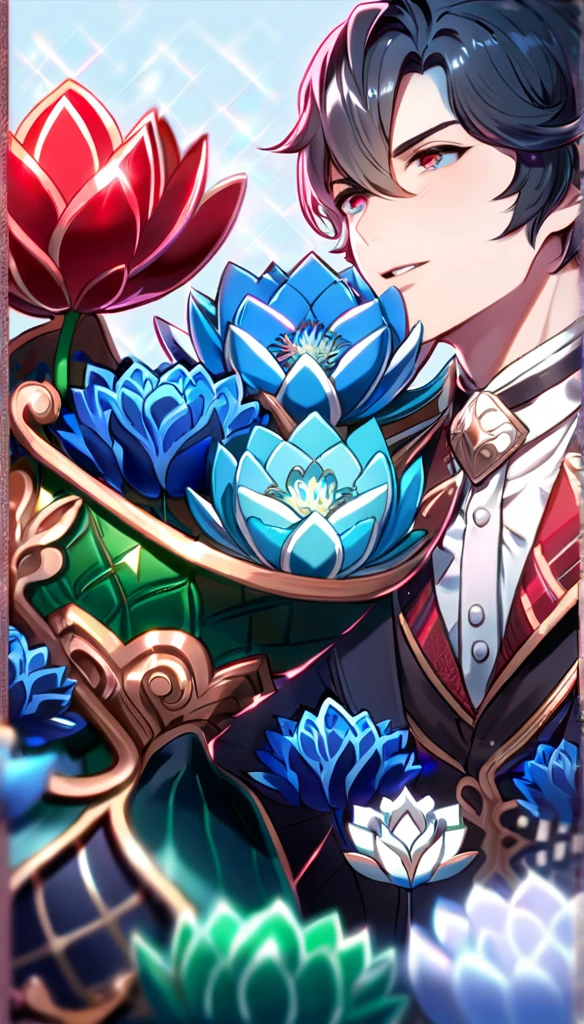 absurdities, high resolution, ultra detailed, HDR, Masterpiece, Best Quality, aoba seragaki, blue fur, expressive blue eyes, granblue Fancy, when, green fur, Expressive red eyes, two men together, homosexual couple, yaoi, elegant, White tunica, black coat, patterns, magical, Fancy, blue background, blue lotus, bright, blue petals, mariposas azules brights