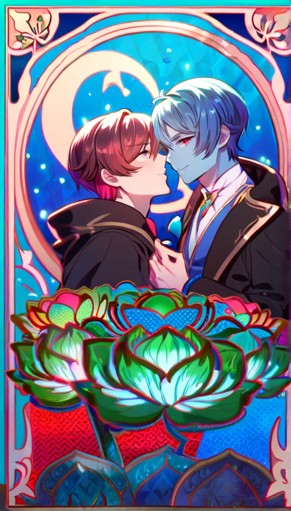absurdities, high resolution, ultra detailed, HDR, Masterpiece, Best Quality, aoba seragaki, blue fur, expressive blue eyes, granblue Fancy, when, green fur, Expressive red eyes, two men together, homosexual couple, yaoi, elegant, White tunica, black coat, patterns, magical, Fancy, blue background, blue lotus, bright, blue petals, mariposas azules brights
