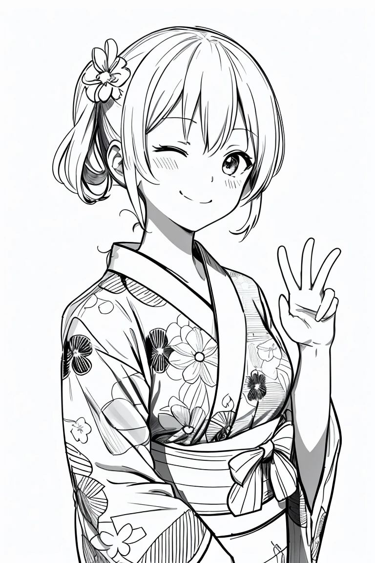masterpiece,, One Girl, alone, short, White Background, Monochrome, Line art, ((sketch))、Look forward、Wearing a yukata、A polka dot yukata、smile、Waving right hand、Side Ponytail、Winking、One eye closed