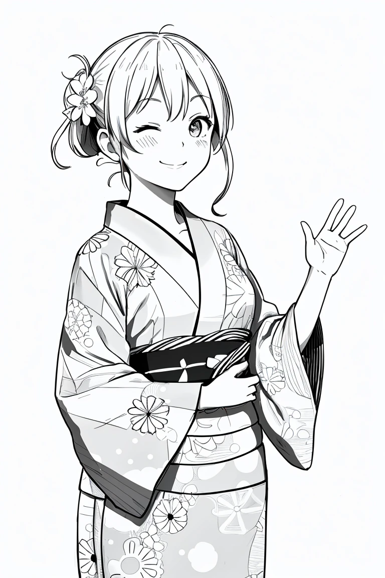 masterpiece,, One Girl, alone, short, White Background, Monochrome, Line art, ((sketch))、Look forward、Wearing a yukata、A polka dot yukata、smile、Waving right hand、Side Ponytail、Winking、One eye closed