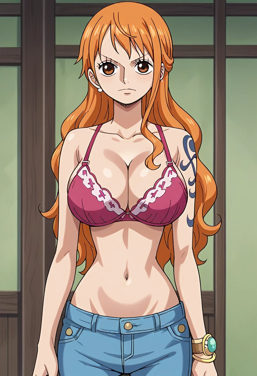 score_9, score_8_up, source_anime, best quality, nami, NAAmi, orange hair, large breasts, cleavage, standing, indoor, looking at viewer, pink bra, pink pantie