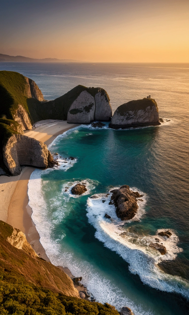 "Imagine a serene coastal scene at golden hour., Where sea and sky merge in a breathtaking embrace. This image was taken with a Canon EOS R5, Equipped with 70-200mm F/2.8 Lenses, Create a high-resolution composition, Capturing the vastness of the sea and sky. The camera setup includes a 45-megapixel sensor, the result、16K resolution is now possible. To ensure optimal quality and minimal noise, ISO value 200 selected. The shutter speed was set to 1./200s, Freeze a moment in time, on the other hand、A large aperture of f is/2.8. Artistic depth of field and improved light capture now possible."