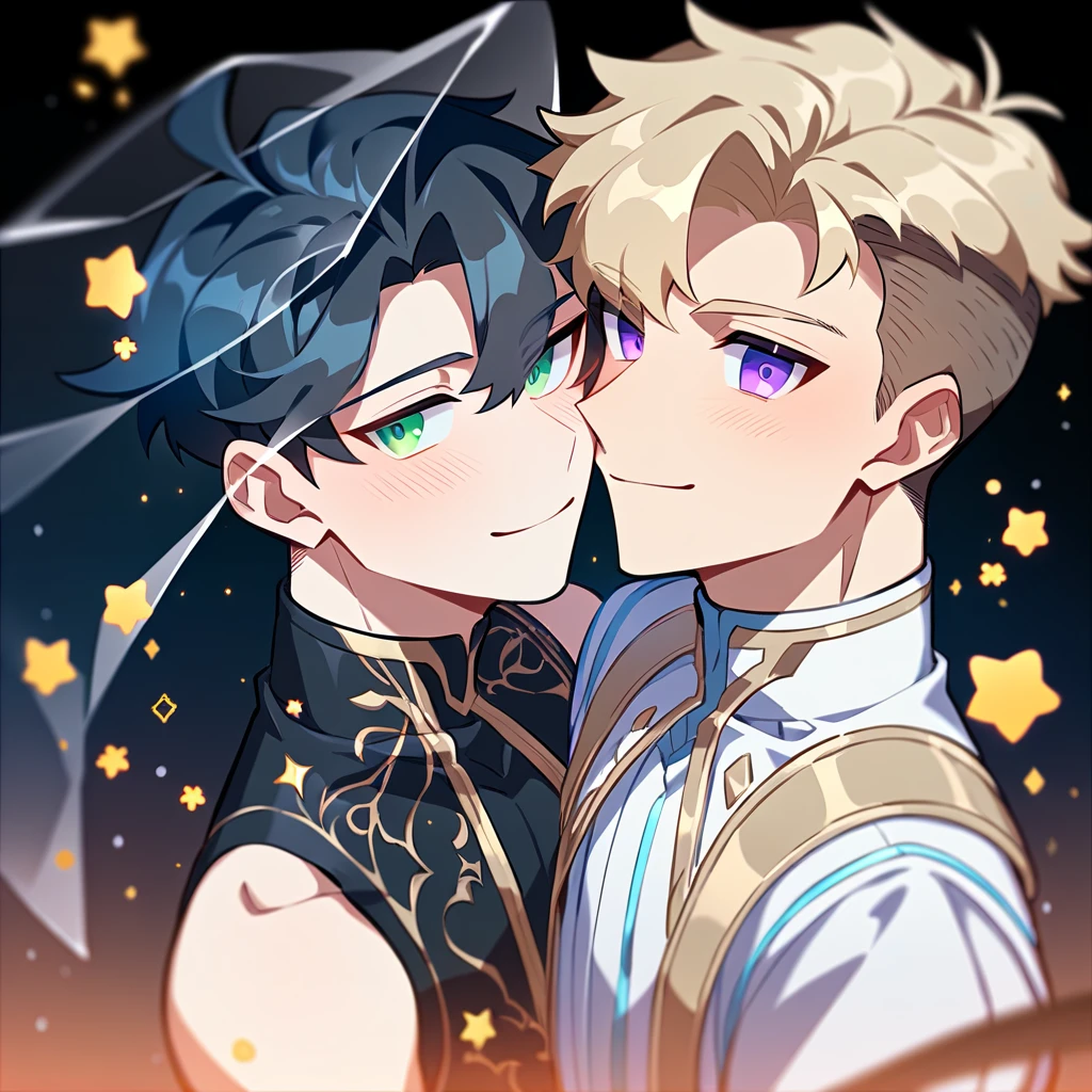 2 young men, focus man , Yaoi, pair,smile, (star god, short hair, bluish black hair, Blue-purple eyes,She wore a transparent robe with thin gold embroidery. , Wearing a black transparent veil ), (human, Light brown blonde hair, Undercut style, blue-green eyes) , Fantasy, The best aesthetics , best quality, Amazing quality, The best aesthetics