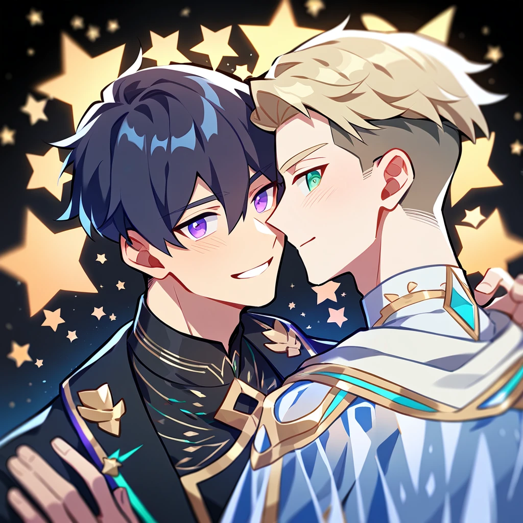 2 young men, focus man , Yaoi, pair,smile, (star god, short hair, bluish black hair, Blue-purple eyes,She wore a transparent robe with thin gold embroidery. , Wearing a black transparent veil ),  (human, Light brown blonde hair, Undercut style, blue-green eyes) , Fantasy, The best aesthetics , best quality, Amazing quality, The best aesthetics
