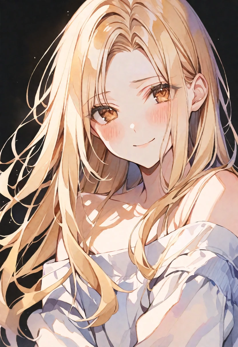 solo, handsome, Watercolor ,
1. Female,
Straight hair, long hair,blonde Hair,brown eyes&Soft look , round face, a shy face, TİTS,
nakano nino,17 years old,Darkness,
Off the shoulder,skin,smile,sexly,Good,
black background