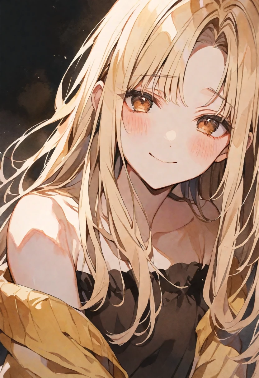 solo, handsome, Watercolor ,
1. Female, 
Straight hair, long hair,blonde Hair,brown eyes＆Soft look , round face, a shy face, TİTS,
nakano nino,17 years old,Darkness,
Off the shoulder,skin,smile,sexly,Good,
black background
