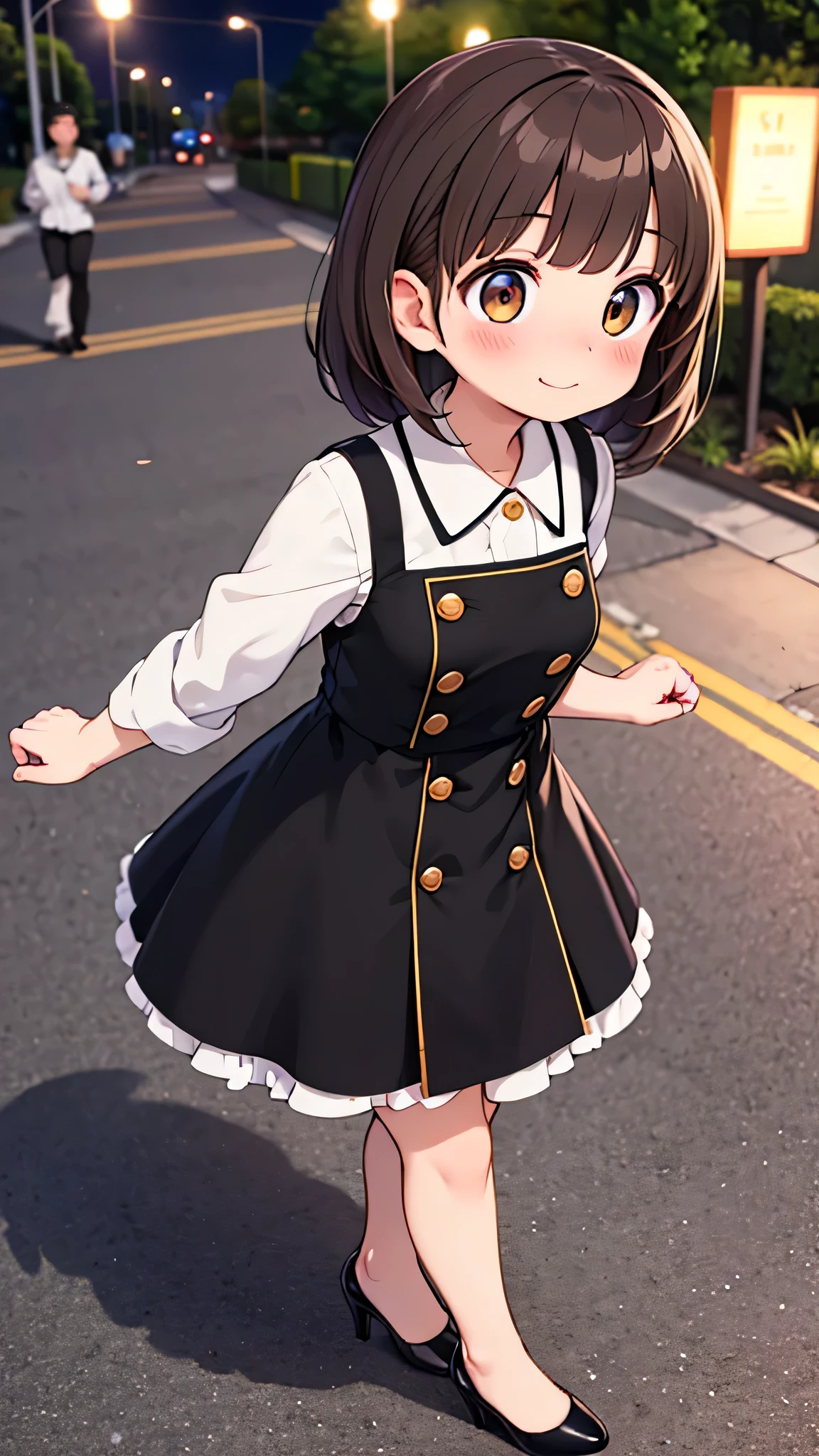{Highest quality}, {Super beautiful},{Ultra fine},{Best illustration},Brown Hair,Hime cut,semi-long,Bangs,Standing Woman,Uniform cap,nude,Completely naked,Night Park,Embarrassed,smilingly,Blushing,Slender women, A woman wearing plain black pumps,Bare feet and pumps,From an angle,From above