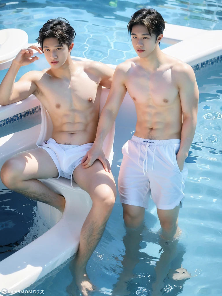 Japanese 18 year old swimmer, white swimming trunks, thinly wet, with a large penis.
