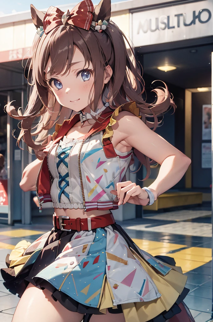 masterpiece, best quality, Agnes Digital \(umamusume\), single thigh, sleeveless, Single glove, garter straps, white gloves, crop top, flounce, sailor collar, multicolored skirts, multicolored clothes, layered skirt, red belt, white shirt, seat, cute, Stadium, running