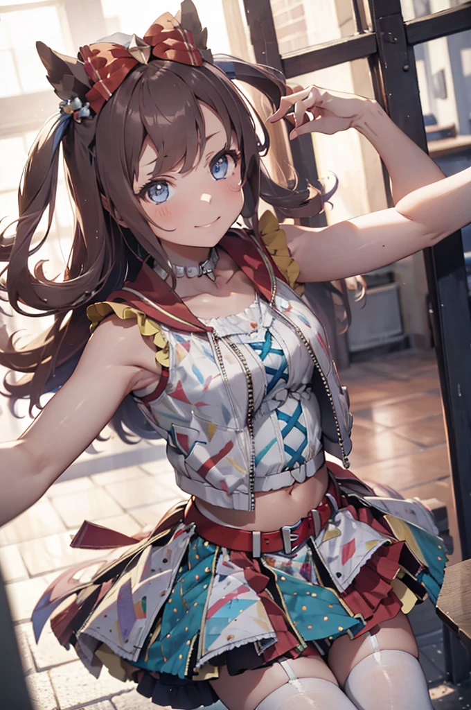 masterpiece, best quality, Agnes Digital \(umamusume\), single thigh, sleeveless, Single glove, garter straps, white gloves, crop top, flounce, sailor collar, multicolored skirts, multicolored clothes, layered skirt, red belt, white shirt, seat, cute, Stadium, running