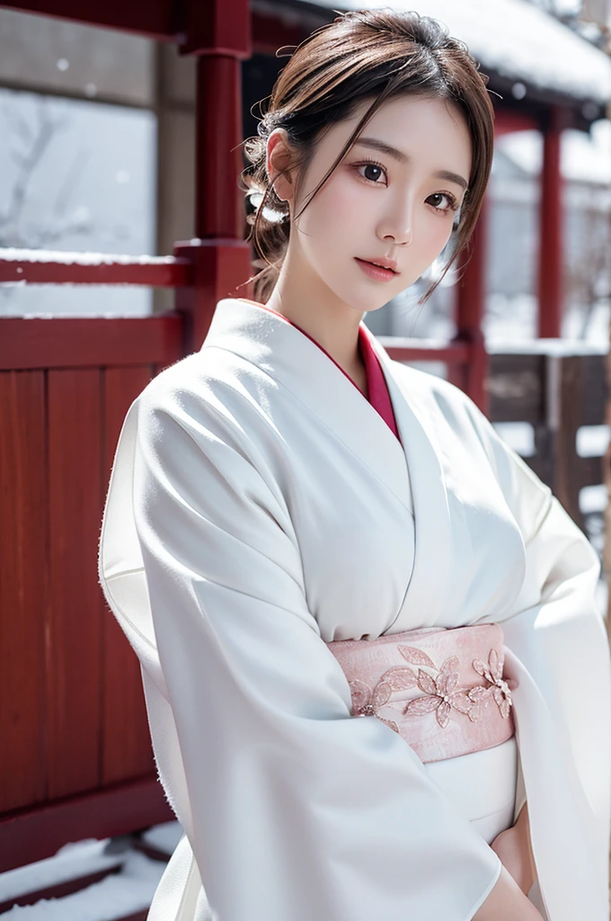 best quality, 8k, very delicate and beautiful, highly detailed face and skin texture, shiny skin, high resolution, cute japanese girl in white kimono stand on snow, sharp focus