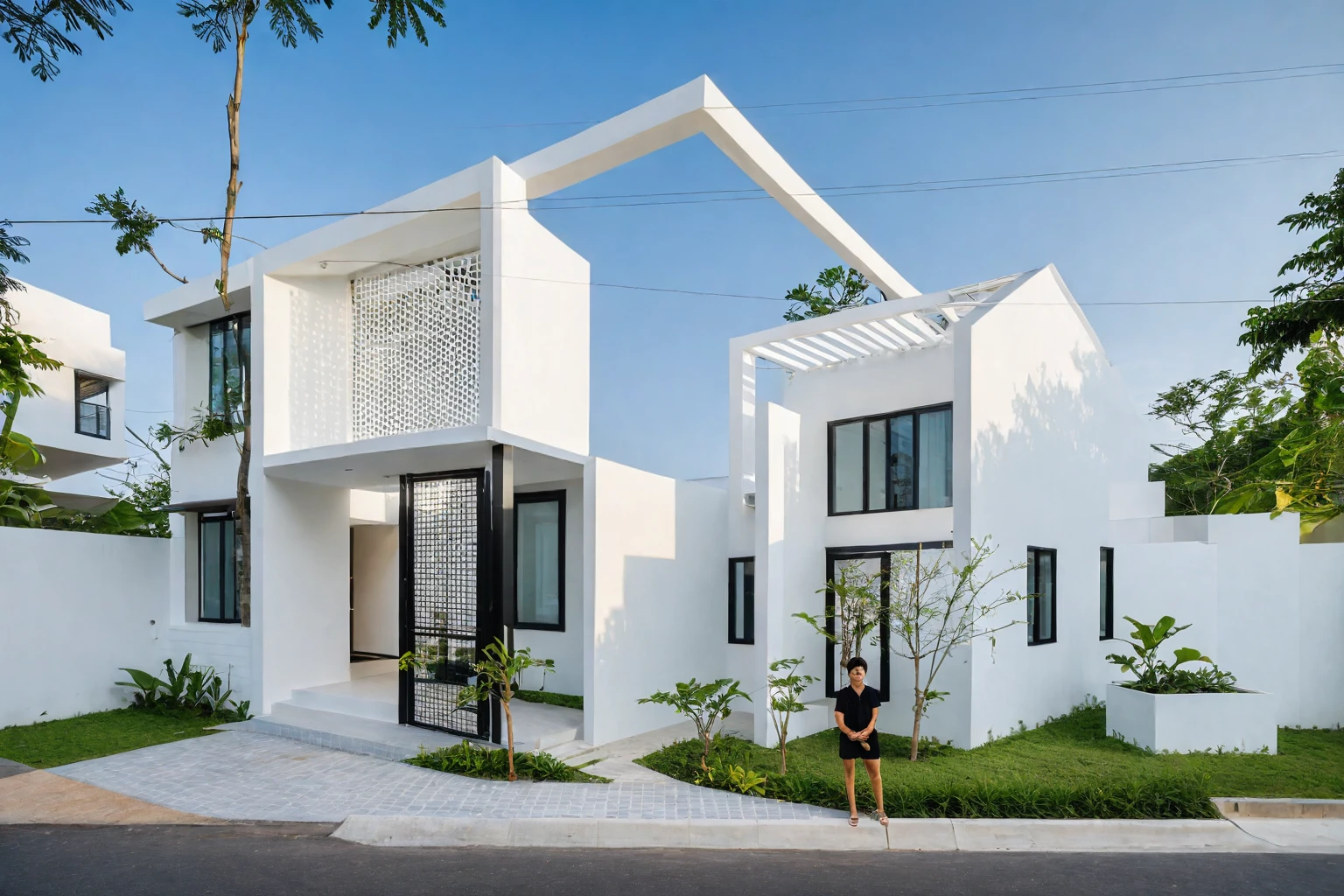 RAW photo , A white minimalism woodandwhite modern house with a double story and simple architecture, surrounded by trees in the yard of Vietnam, featuring a black metal gate and fence, landscape design, natural light, clear sky, blue background, high resolution photography, architectural photography, architectural appearance. The building has square windows made from white ceramic tiles, while the walls feature grid designs, There is also an entrance to another home nearby in the style of architectural photography, road, sidewalk, sidewalk trees, 8k uhd, dslr, soft lighting, high quality, film grain, Fujifilm XT3, (curvilinear archrchitecture: 1.5)
