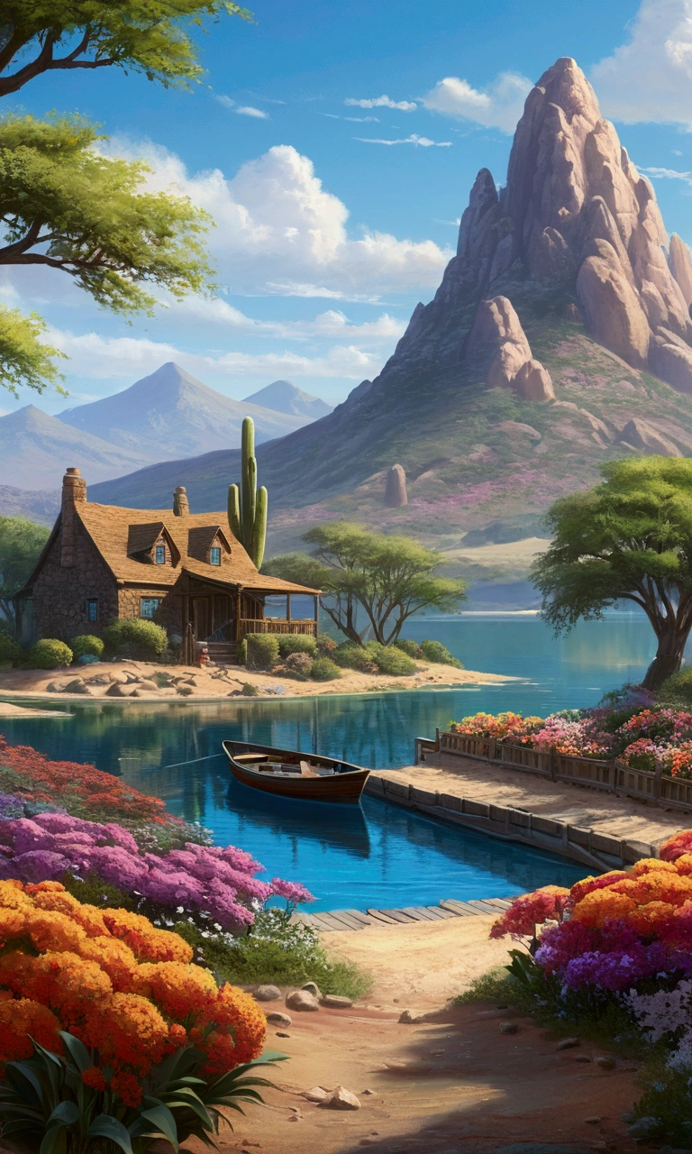 Mountain and tree painting, Pool, , Flowers beside the fence, Fence along the road, Mountain landscape with lake and boat, Illustration Matte Painting, Inspired by Thomas Kinkade, Symmetrical Matte Paint, Detailed landscape , Style Raw, 8k ultra high definition, Environmental design illustration, Landscape painting (details), Seaside scenery, Concept Art, Highly detailed digital art in 4K, 4K Digital Painting, 4K Digital Painting, Amazing digital illustrations, Desert Background, デジタルペインティングConcept Art, Detailed digital painting