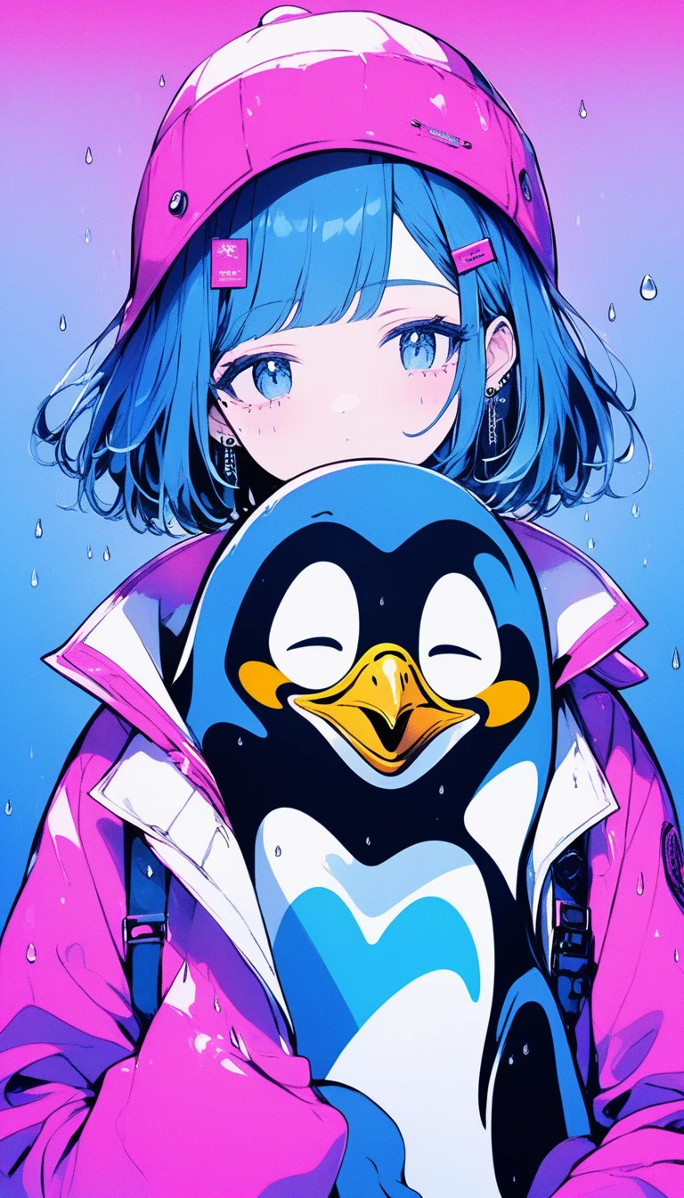 Illustrator, anime , Realistic ,sketch , 1 Girl, ,Blue Hair、Short bob hairstyle、penguin、penguin、lip, T-Shirts,order, Rainy gradient background, Neon Hair,Textured Trim, Canadian, (masterpiece,Highest quality) Cancer