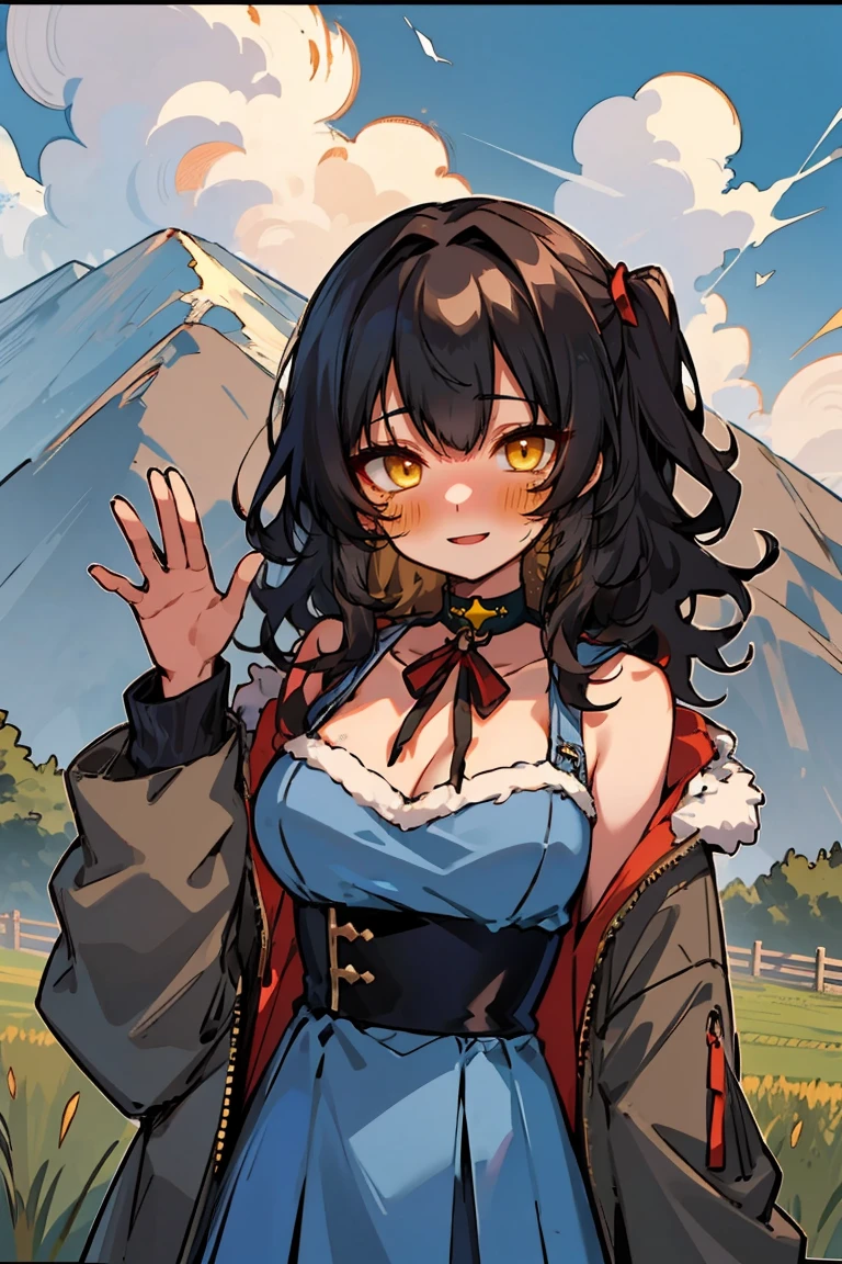 (masterpiece:1.2), (high quality:1.2), (hui xiyi:0.7), rekkyo sensen, rekkyou sensen, girls with((1girl, solo, black hair, yellow eyes, (wavy medium hair, one side up:1.3), blush, breasts, choker, cleavage, coat, cowboy shot, blue dress, black waist tie, red bow, red ribbon, neck ribbon, fur, khaki jacket, hood down, hooded coat, hooded jacket, hoodie, jacket, large breasts, long hair, long sleeves, medium breasts, open clothes, open coat,open hoodie, sleeveless, winter clothes, zipper, cleavage, upper body, hand up, waving, palm)), background with((architecture, blue sky, bush, castle, village, no humans, cloud, cloudy sky, day, field, garden, grass, hill, house, lamppost, landscape, mountain, mountainous horizon, nature, no humans, outdoors, scenery, shrine, sky))