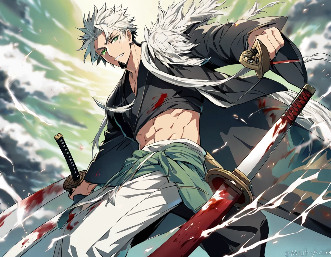 1 young boy, male focus, details Intricate, 1 men, bonitas, White hair, vibrant green eyes, slim muscles, アニメ, 19yearsold, 19 years, a small goatee, kimono de Shinigami, Shinigami, bleach style, bleach, regatta, kimono, bleach, bleach style(black clothing colors, kimono black), katana ( a medium sharp katana) , katana media, Aura(uma Aura branca ao redor do personagem), Aura de energia, Attacks, Attacks com katana (fazendo golpes com sua espada poderosa fazendo a Aura se elevar) cutoffs, cutoffs de espada, bloodstains, bleeding(personagem esta ferido saindo bloodstains de seu corpo) bloodstains no corpo, muito bloodstains(o braço do personagem estari pingando com bloodstains).