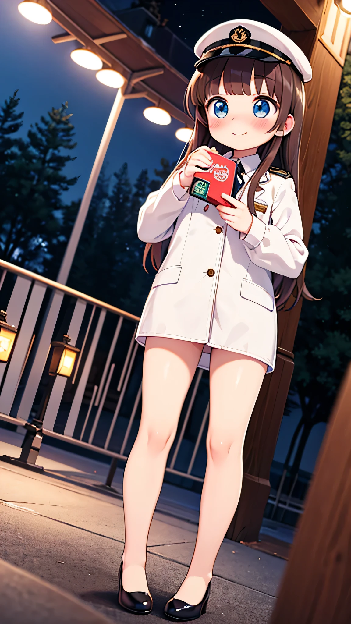 {Highest quality}, {Super beautiful},{Ultra fine},{Best illustration},Brown Hair,Hime cut,semi-long,Bangs,Standing Woman,Uniform cap,nude,Naked,Night Park,Embarrassed,smilingly,Blushing,Slender women, A woman wearing plain black pumps,Bare feet and pumps,From an angle,From above