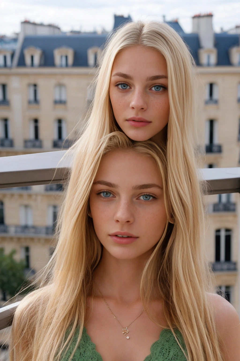 Photo on a balcony in Paris, a super realistic 20 year old girl, Long blonde hair, large and pronounced chest, green eyes, a  doll