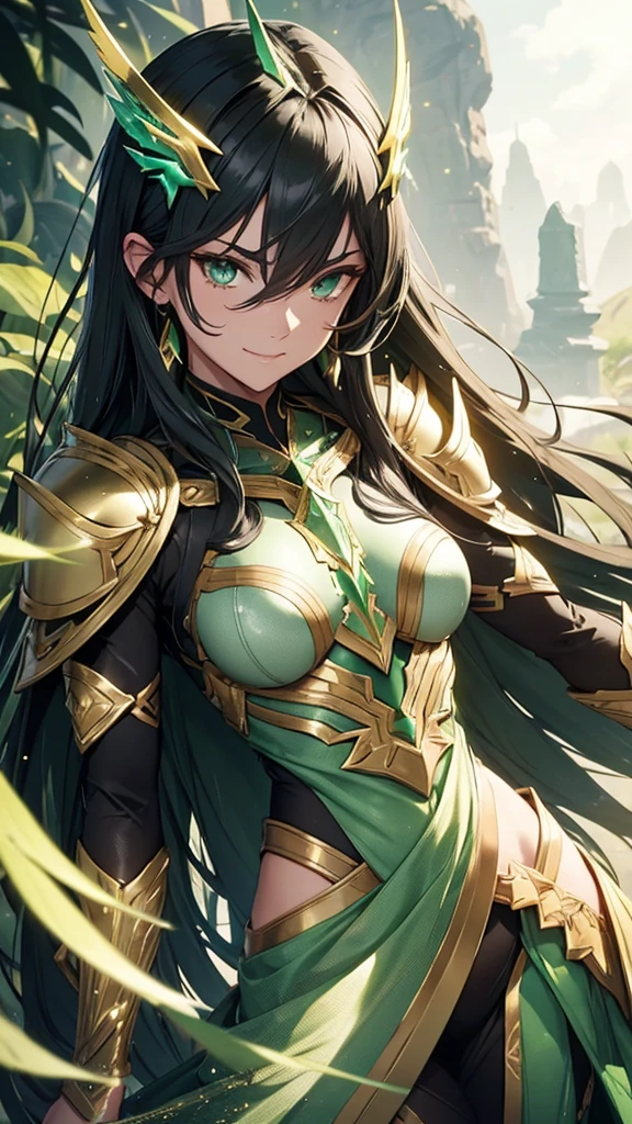 NSFW armor with a greenish-silver glow and gold accents reminiscent of nature, black hair, in gentle waves over your shoulders. Your carved face, with delicate features and a defined jawline and expressive green eyes, smiling and happy