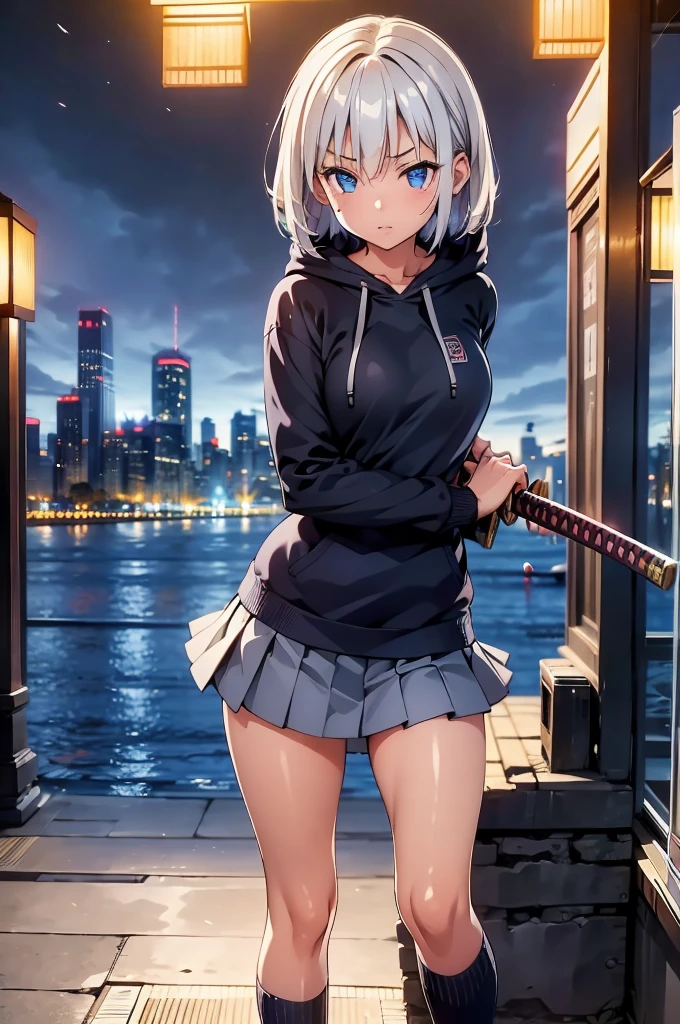 (masterpiece), (best quality), (ultra detailed), (high res 8K), 1 girl, late teenage, standing, contrappost, full body, low angle, hoody, mini-skirt,((katana)), short hair, silver hair, serious, looking away, cityscape in Tokyo, night, rim lighting, high contrast, professional lighting, stunning face, symmetrical clear eyes, detailed eyes and face,(near future)
