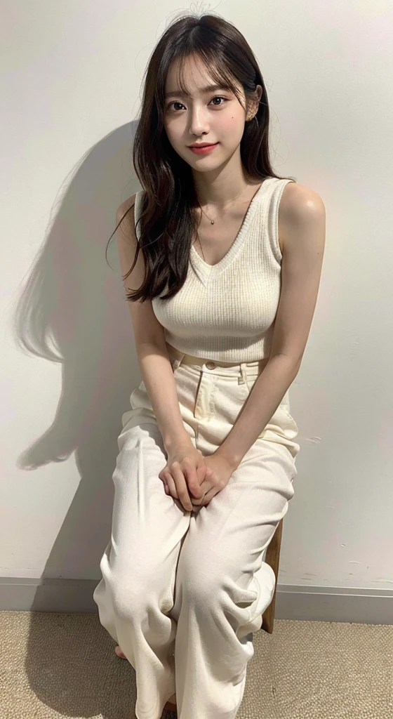 1 Female actress, Solo, (16K, masutepiece, Raw photo, Best Quality,Realistic, Photorealsitic, Detailed skin:1.2),Extremely beautiful face, Seductive smile, Looking at Viewer, happy smaile,  model posing,  (Photorealsitic:1.4)、octane renderings、Complex 3D rendering ultra detail, Studio Soft Light, Rim Lights, vibrant detail, super detailing, realistic skin textures, Detail Face, Beautiful detail eyes, Very detailed CG Unity 16k wallpaper, make - up,BREAK (Full body portrait:1.5), ((fromsaide)) BREAK White Slacks, sleeveless rib-knit, Tuck in one's shirt, BREAK at park, ((sit down))