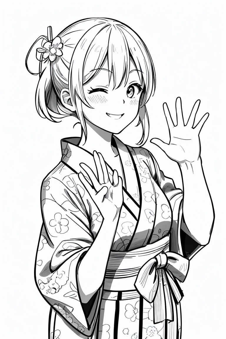 masterpiece,, One Girl, alone, short, White Background, Monochrome, Line art, ((sketch))、Look forward、Wearing a yukata、A polka dot yukata、smile、Waving right hand、Side Ponytail、Winking、One eye closed、It's five fingers
