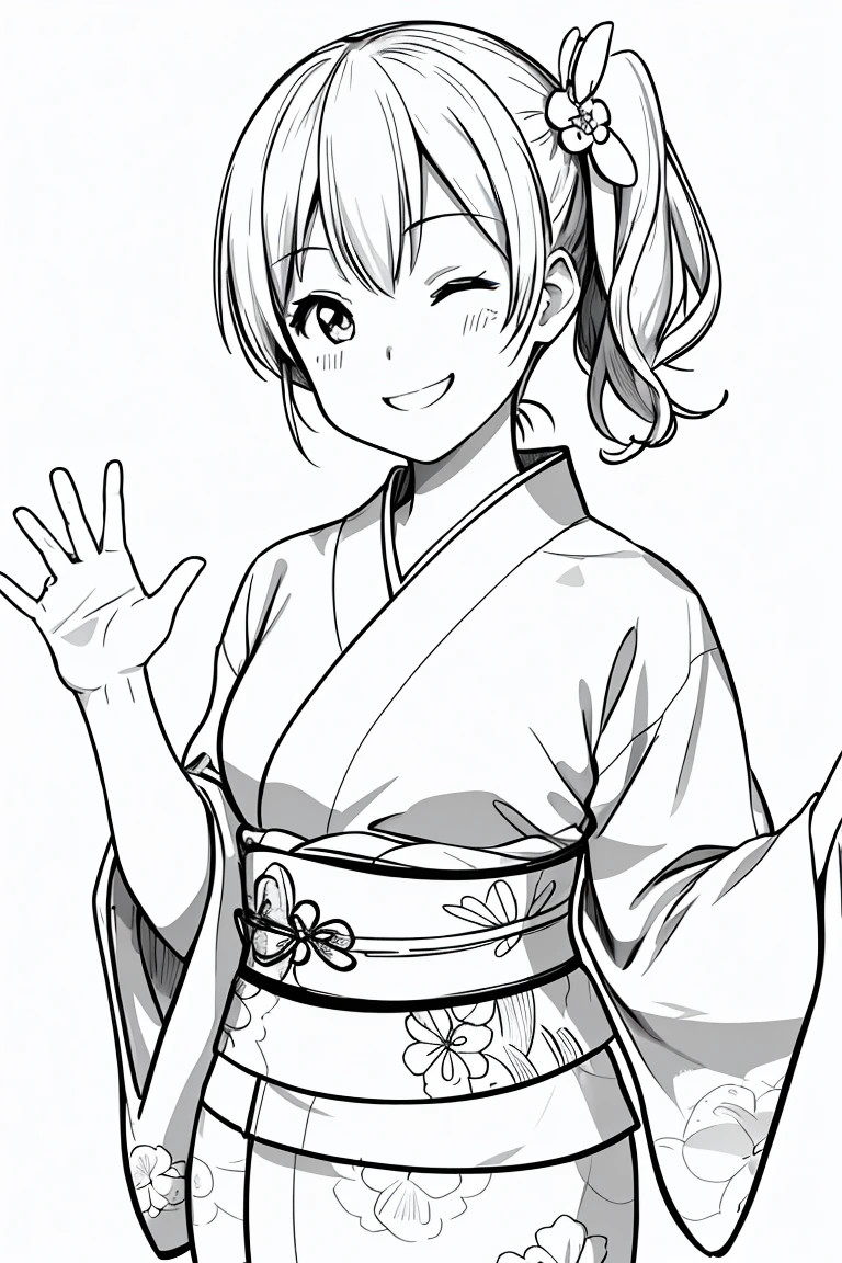 masterpiece,, One Girl, alone, short, White Background, Monochrome, Line art, ((sketch))、Look forward、Wearing a yukata、A polka dot yukata、smile、Waving right hand、Side Ponytail、Winking、One eye closed、It's five fingers