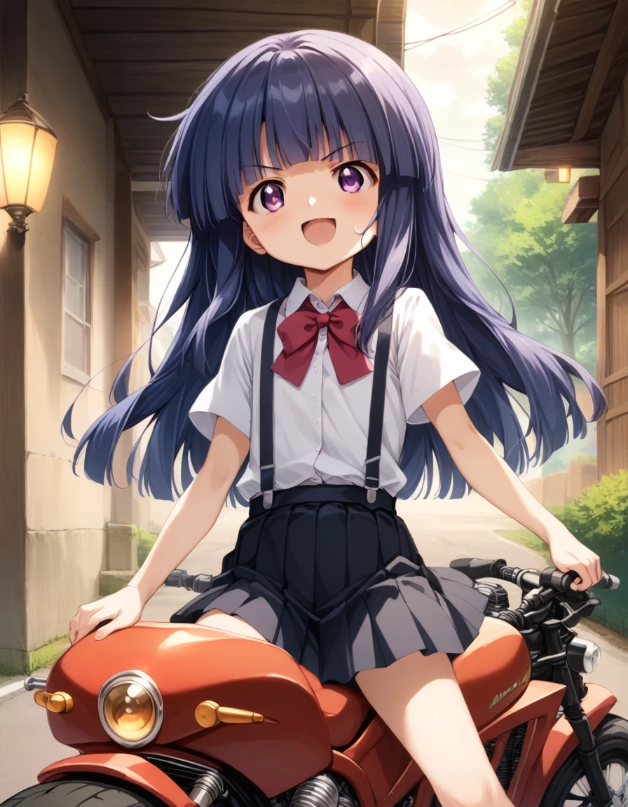 score_9, score_8_up, score_7_up, score_6_up, source_anime,,,,1girl, solo, furude rika, (tween:1), kawaii, blue hair, purple eyes, long hair, blunt bangs, bangs, bow, skirt, shirt, suspenders, smile, short sleeves, pleated skirt, white shirt, open mouth, red bow, ^_^, suspender skirt, , black skirt, collared shirt, blush, bowtie, blunt bangs, dress shirtt, ,  anime coloring.serious,(a girl riding a motorcycle at full speed:1.5),(from front,front view),perfect composition,,(serious expression:1.5)、Gripping the handlebars