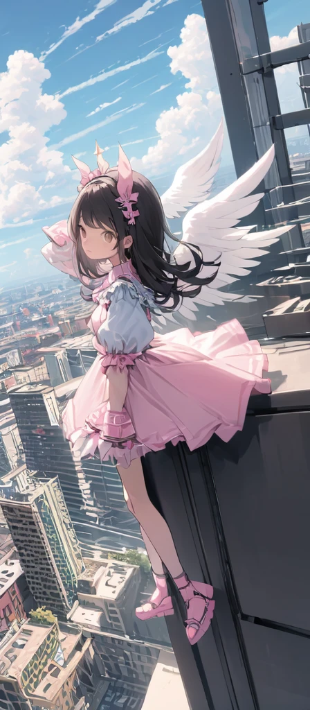 (masterpiece, best quality),from above , 1littlegirl, solo, (feathered White angel wings:1.2), yellow halo floating on top of her head,billboard, brown eyes, black hair, building, city, cloudy sky, Pure pink  short dress with short pure Pink puffy sleeves,pink ribbon on her dress,pink sandal, crane \(machine\), dutch angle, from side, light frown, looking at viewer, outdoors, rooftop, sky, skyscraper