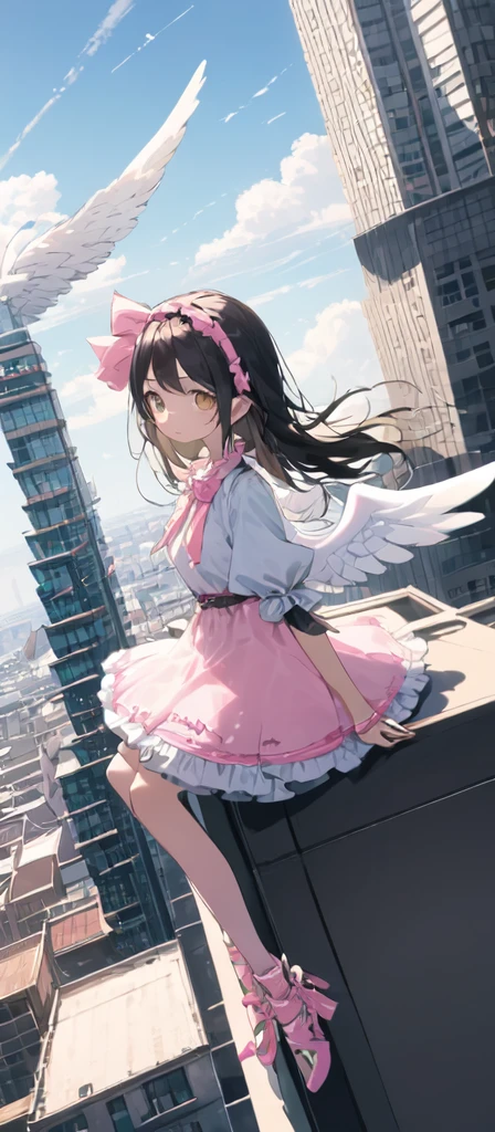 (masterpiece, best quality),from above , 1littlegirl, solo, (feathered White angel wings:1.2), yellow halo floating on top of her head,billboard, brown eyes, black hair, building, city, cloudy sky, Pure pink  short dress with short pure Pink puffy sleeves,pink ribbon on her dress,pink sandal, crane \(machine\), dutch angle, from side, light frown, looking at viewer, outdoors, rooftop, sky, skyscraper