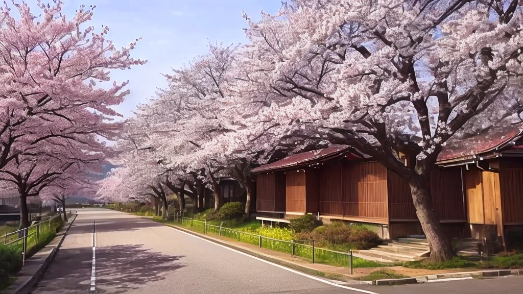 there are many trees that are blooming along the side of the road, sakura trees, lots of sakura flowers, sakura bloomimg, sakura season, beautiful iwakura, sakura tree in background, under sakura tree, cherry blossoms, cherry blossom, cherry tree in the background, けもの, huge blossoms, lush sakura trees, by Maki Haku. The Japanese lady is studying on the desk and behind her, we can see the scienery of this picture.