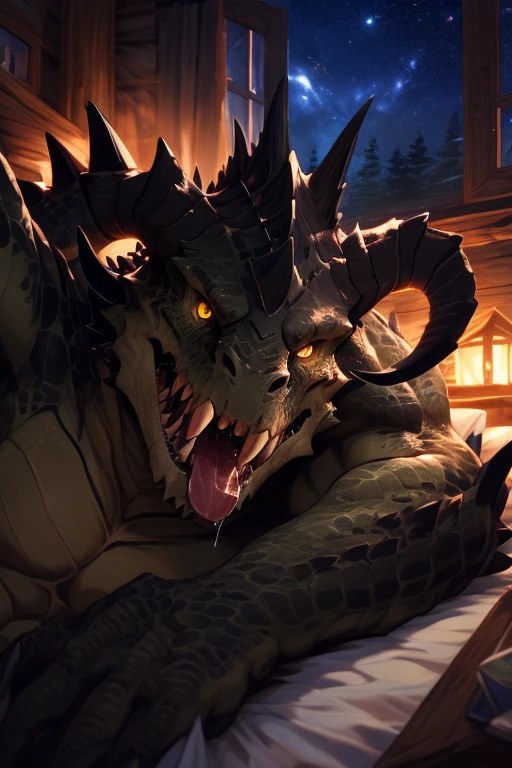 Deathclaw.Wild.Sharp teeth.Huge body.Muscular.scales.tongue.saliva.Upper body close-up.Big yellow eyes.Selfie.(((Lying in bed))).National costume.night.Bedroom.Log house.force.sense of distance.window.Starry Sky.Moody.Very dark.(masterpiece.Highest quality.)