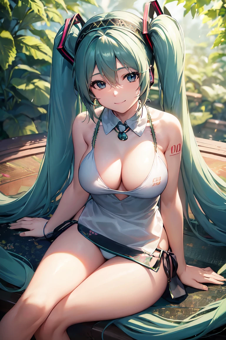 (Long flowy haircut), bokeh, ((backlit hair)) , ultra detailed, beautiful face, (((hair flowing beautifully in the wind))) , perfect smooth legs, (perfect eyes) , (defined medium sized breasts) , (((((correct anatomy))))) , ((cinematic depth of field)), (((bokeh particles))), perfect curved body, (((((Hatsune Miku))))), (((((wearing a bikini cheongsam))))), white cherry blossom, wide angle view, glamour posing, smiling, elegant hair adjusting, (perfect symmetry), bokeh, enchanted forest in the background, crossed legs, ((elegant lady sitting)), looking at viewer, flower details