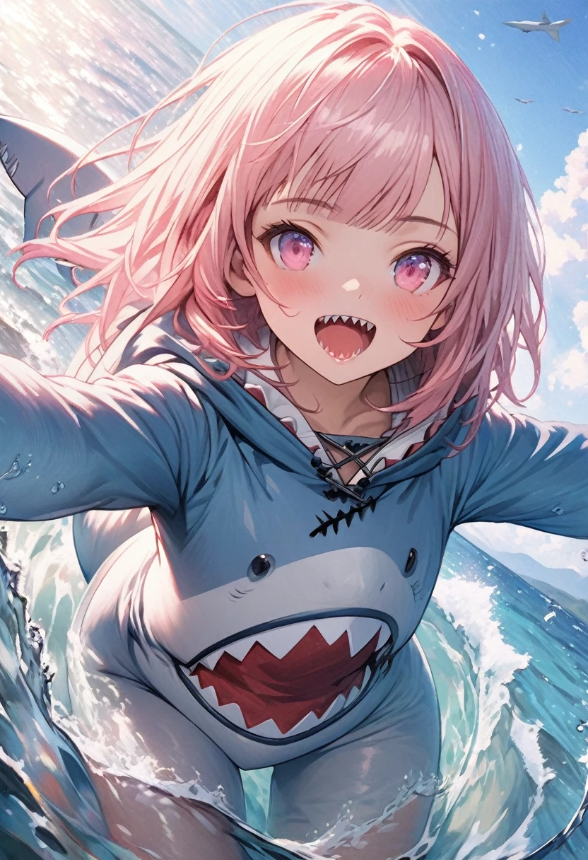 masterpiece, Highest quality, Highly detailed CG Unity 8k wallpaper, Illustration of a cute girl in a shark costume. Playing in the sea. Sunlight reflecting off the sea, Produce a variety of colors. The background is a realistic representation,Wearing a hood,Pink bob hair,Hime cut,Align your bangs evenly,Pink Eyes,