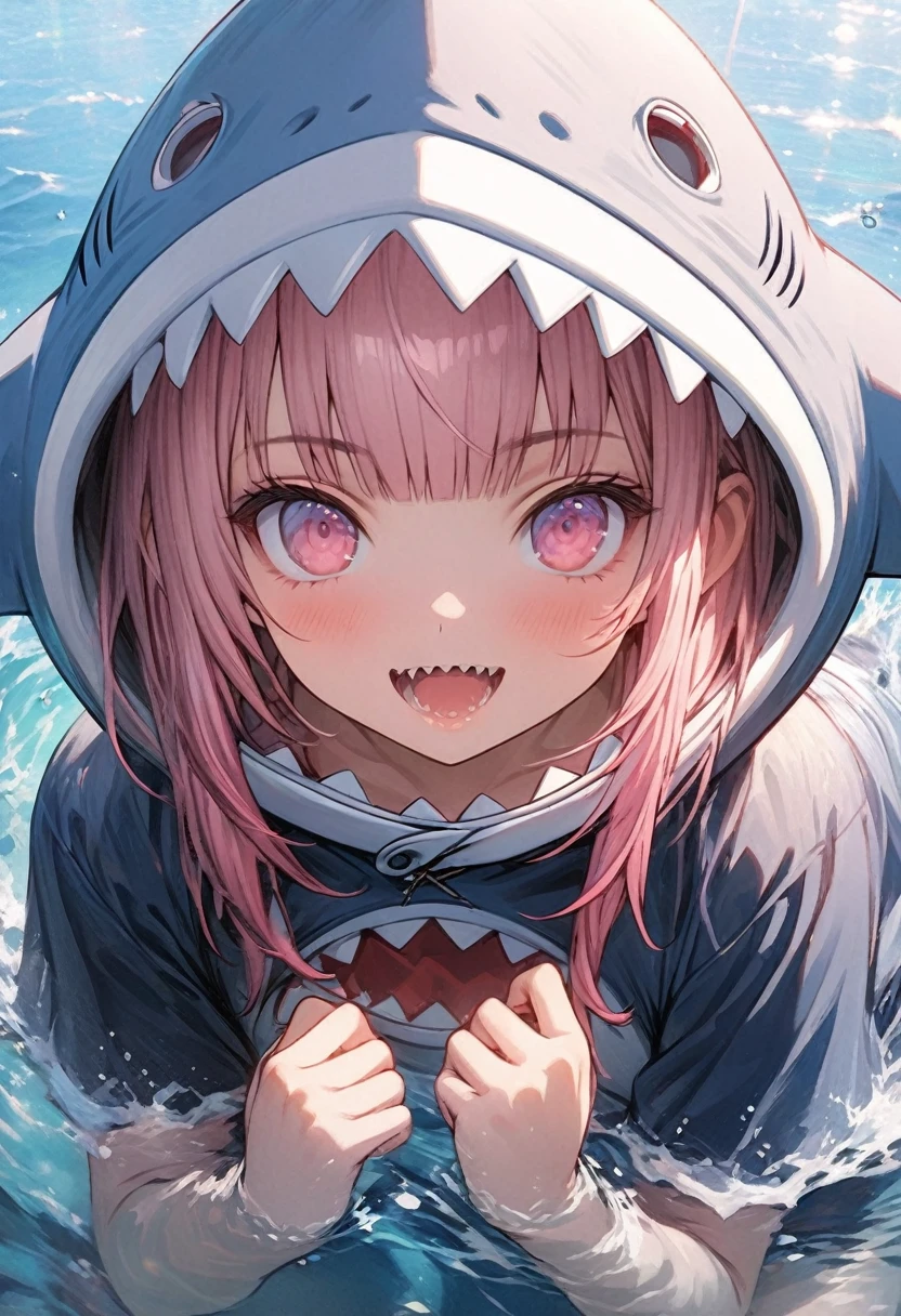 masterpiece, Highest quality, Highly detailed CG Unity 8k wallpaper, Illustration of a cute girl in a shark costume. Playing in the sea. Sunlight reflecting off the sea, Produce a variety of colors. The background is a realistic representation,Wearing a hood,Pink bob hair,Hime cut,Align your bangs evenly,Pink Eyes,