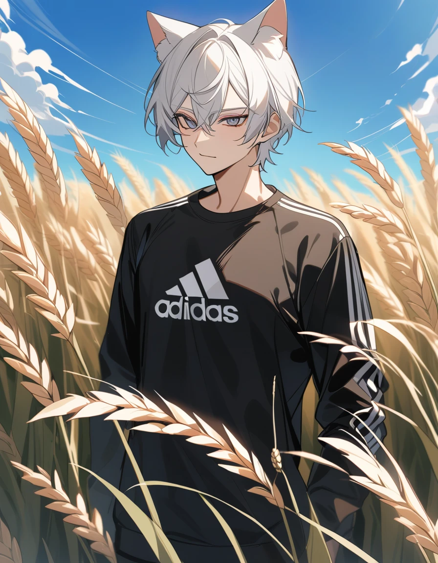 naughty man, White hair, eye pink, Cat's ear, black long sleeve shirt, ADIDAS SHIRT, field of wheat, defined body, Tuuli, blue sky 