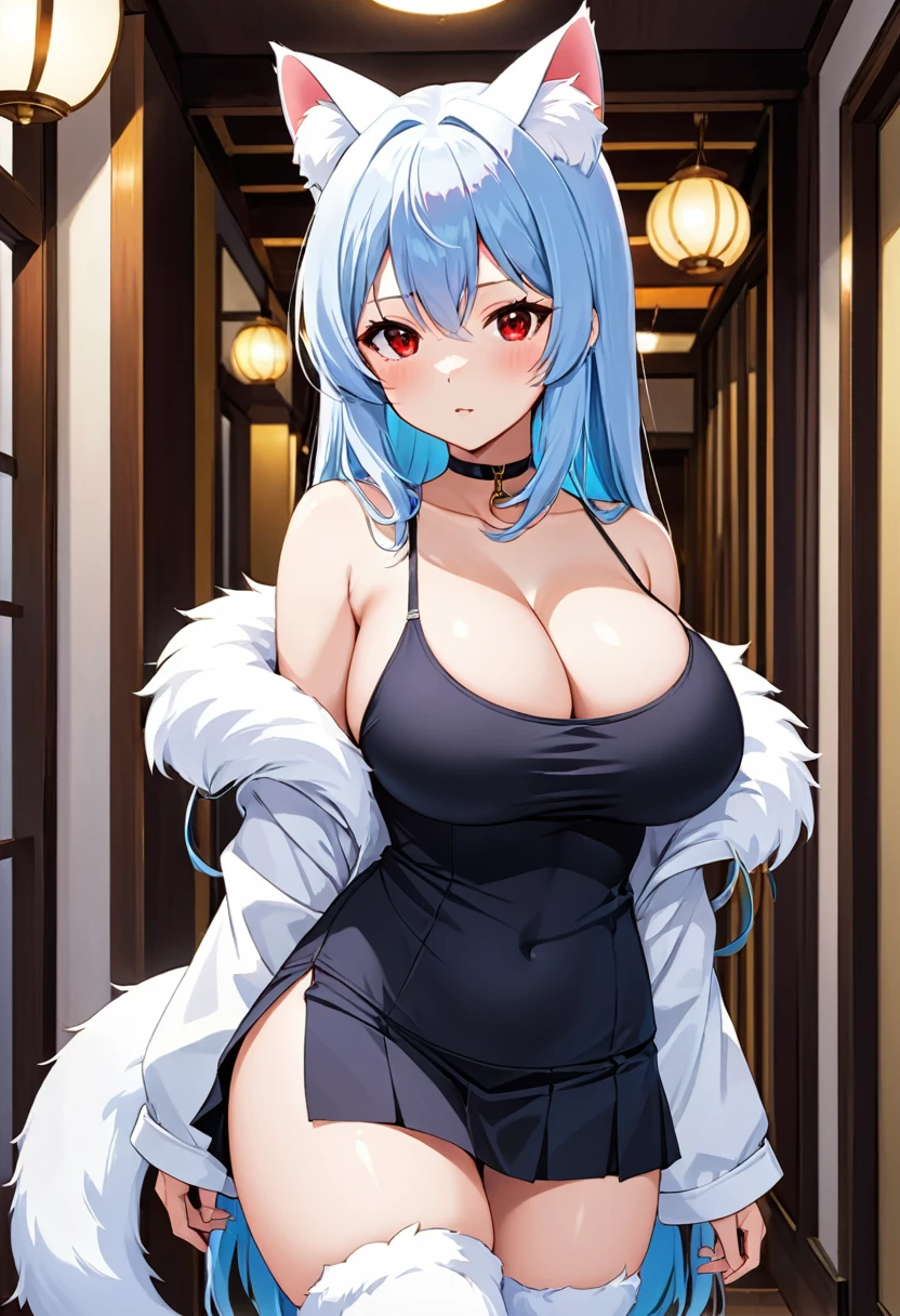 I am Yukiko, I am a white furred cat woman with long light blue hair along with cat ears and light red eyes with a blue cat tail. I am 1.62 cm tall , Dressed in a black low-cut top and a miniskirt, not wearing . with huge breastse 200 cm, waist 40 cm and hips 200 cm