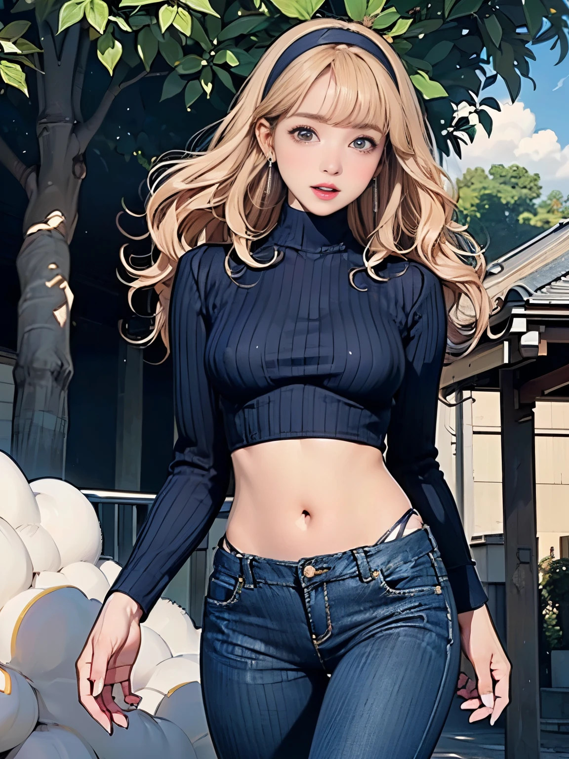 ((((Highest quality))))、(((Ultra-precision CG16K wallpaper)))、(((masterpiece)))、(((Super detailed)))、(((Extreme detail)))、((１Mature 29 year old woman:1.6))、((Very beautiful Japan face of a person))、((Urizane Face:1.8))、((medium soft wavy hair、blunt bangs:1.6))、((Shiny Blonde:1.5))、A delicately drawn beautiful face、(Dark Eyes、Detailed pupil and iris、Detailed eyelashes、Reflected light from the eye)、double eyelid、High nose、Small nostrils、Small Mouth、Seductive lips、Beautiful breasts、((B cup size breasts))、Vertical belly button、Delicate nails、Beautiful feet、((Thin thighs))、eight-headed body、Perfect proportions、Perfect Anatomy、Perfect composition、Beautiful detailed shading、Beautiful, natural lighting、Beautiful detail glow、Depth of written boundary、(((High chroma)))、(((Real:1.9)))、((vivid:1.5))、((Beautiful Skin))、((Skin Texture))、((Realな皮膚感))、(((Full Shot:1.6)))、(((front view、shoot from front、front low angle:1.6)))、(((Half-open mouth、Puzzled face:1.4)))、(((looking at camera:1.6)))、Bright daylight、Natural light、(((background_Tree-lined street、Sky and Clouds:1.5)))、(Walking pose:1.8)、(((Navy blue high neck long sleeve ribbed shirt&Low rise skinny pants:1.6)))、((hair band、Wearing earrings:1.5))、