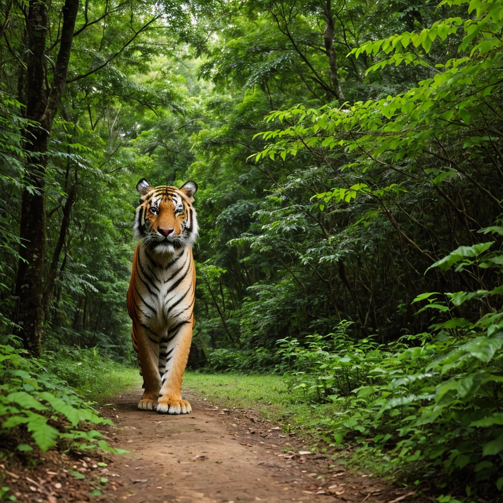 a tiger walking through a lush green forest, a picture, sumatraism, frontal portrait, canvas print, foto, caucasian