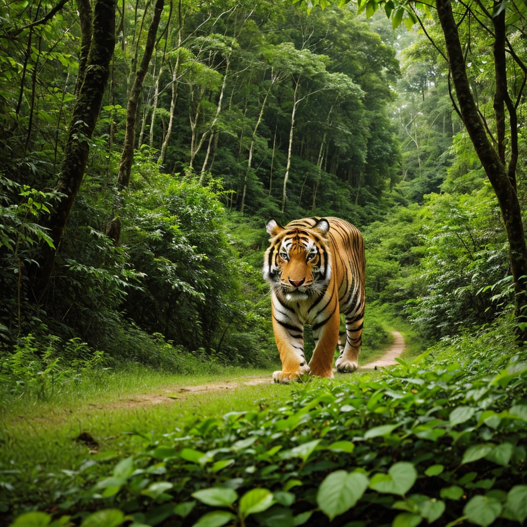 a tiger walking through a lush green forest, a picture, sumatraism, frontal portrait, canvas print, foto, caucasian