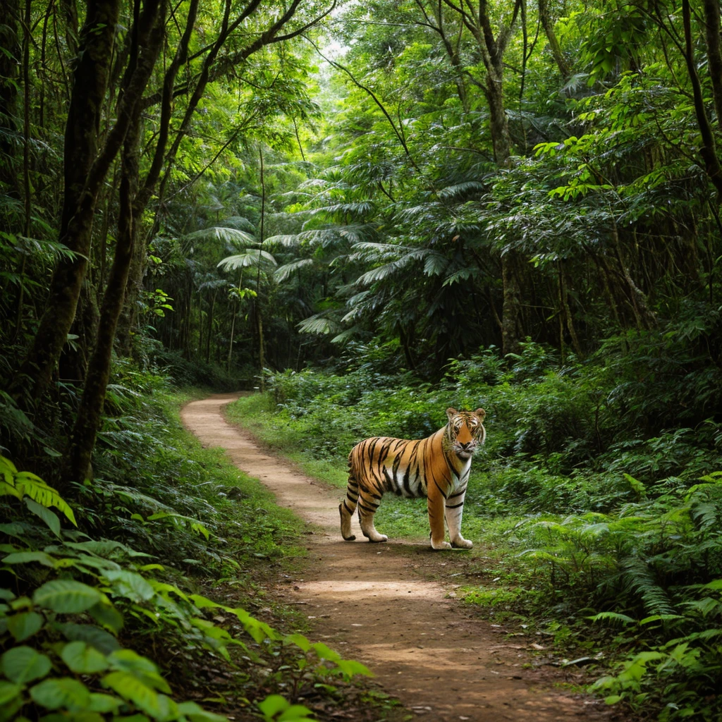 a tiger walking through a lush green forest, a picture, sumatraism, frontal portrait, canvas print, foto, caucasian