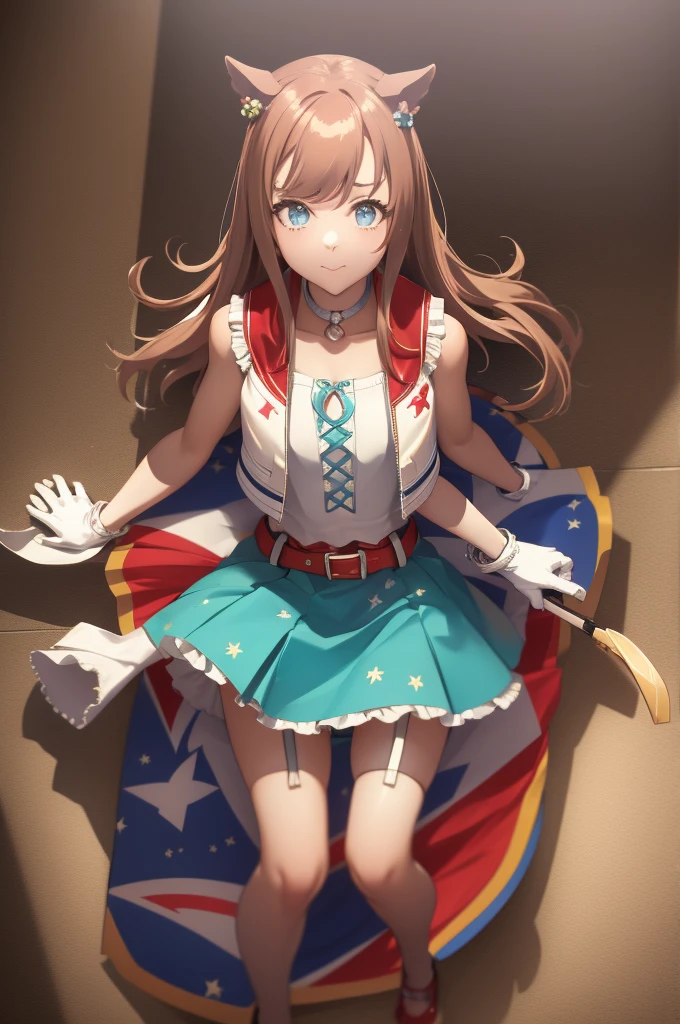 masterpiece, best quality, Agnes Digital \(umamusume\), single thigh, sleeveless, Single glove, garter straps, white gloves, crop top, flounce, sailor collar, multicolored skirts, multicolored clothes, layered skirt, red belt, white shirt, seat, glowing stick, cute