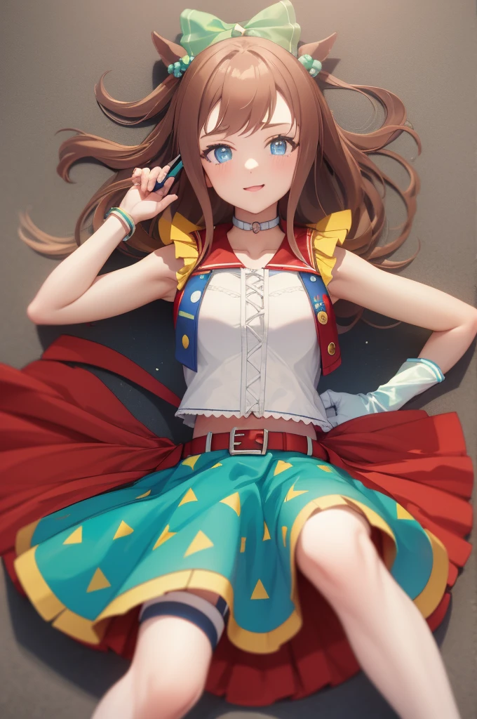 masterpiece, best quality, Agnes Digital \(umamusume\), single thigh, sleeveless, Single glove, garter straps, white gloves, crop top, flounce, sailor collar, multicolored skirts, multicolored clothes, layered skirt, red belt, white shirt, seat, glowing stick, cute